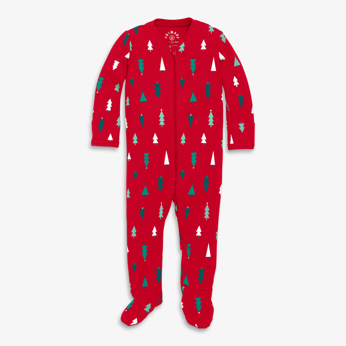 Clearance baby organic zip footie in twinkly trees in cherry-multi-trees