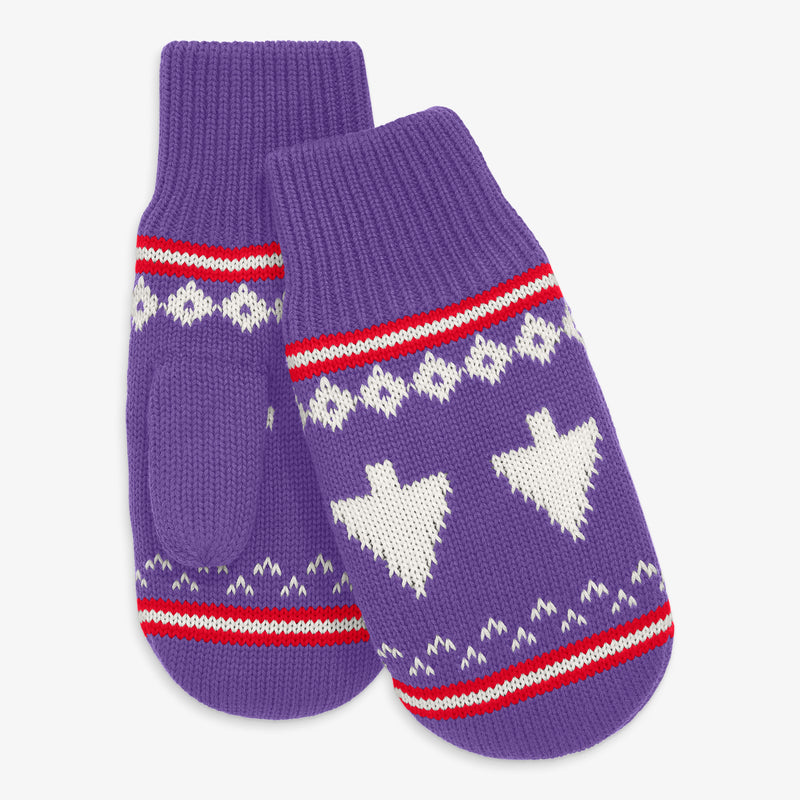 Kids knit mittens in fair isle trees in jelly-fair-isle