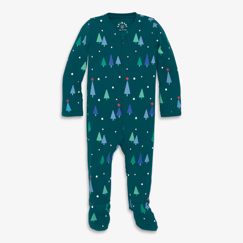 Baby organic zip footie in wintry woods in forest-multi-trees