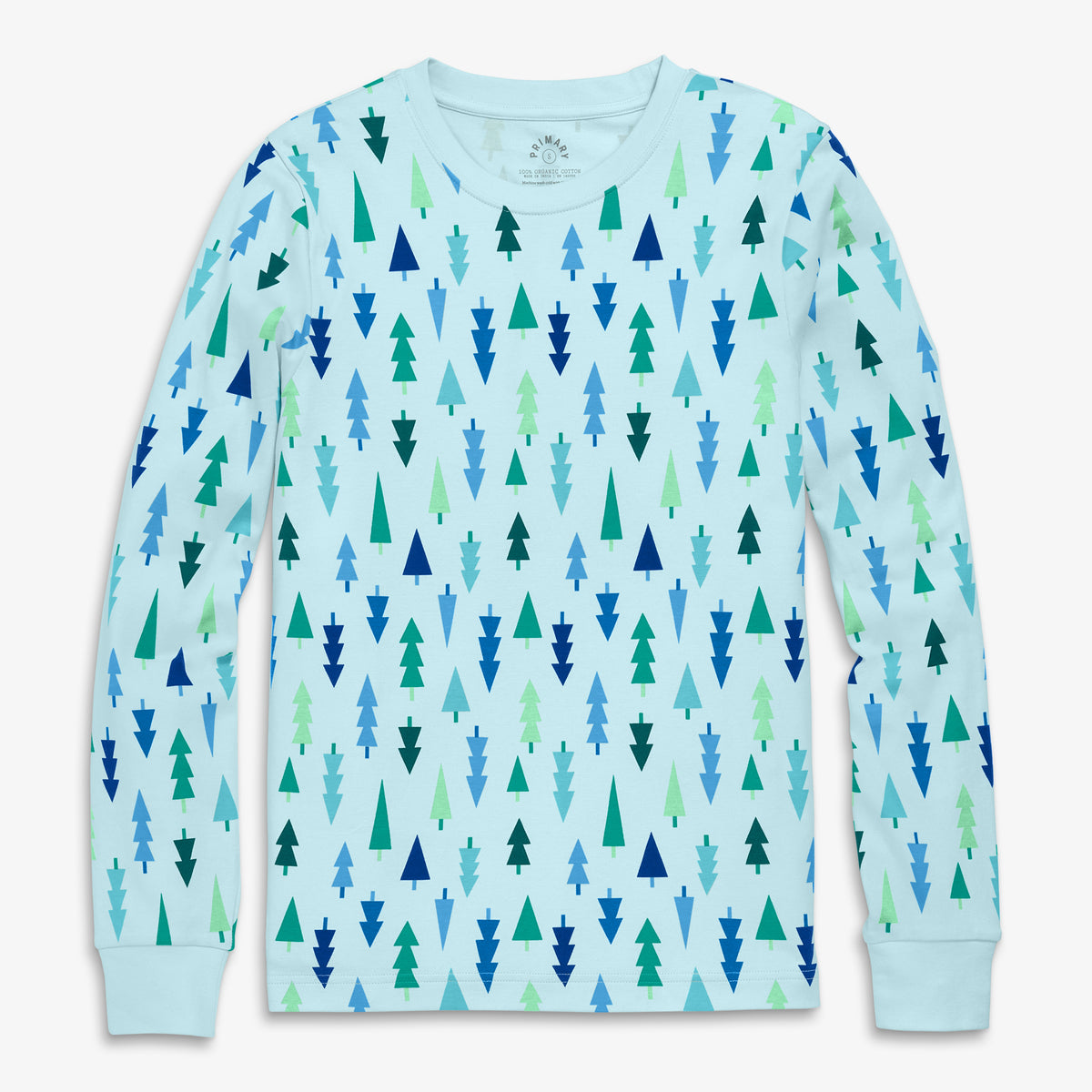 Clearance unisex fit organic long sleeve pj top in frosty trees in saltwater-multi-trees