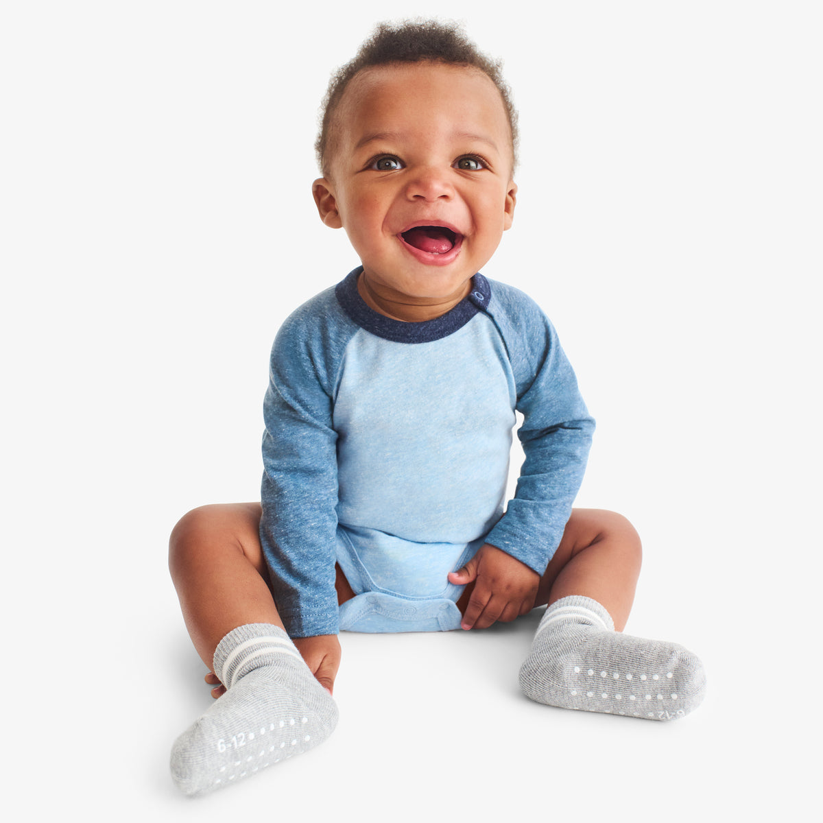 Heathered long sleeve baseball babysuit