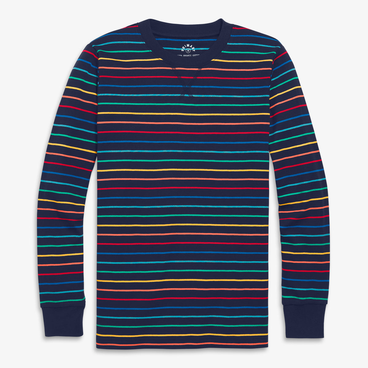 Clearance unisex fit organic pj top in festive rainbow stripe in navy-rainbow-holiday-stripe