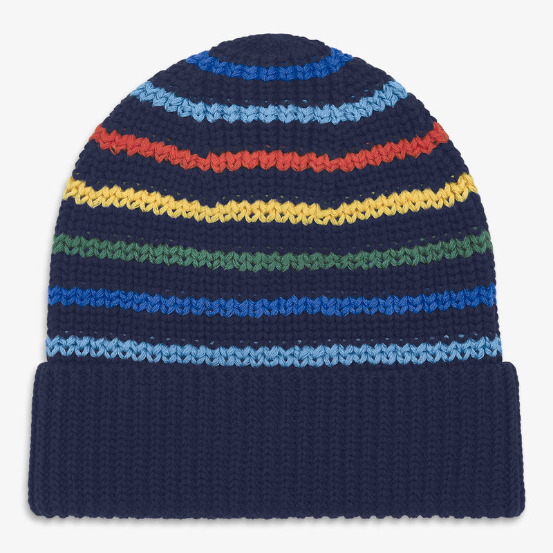 Kids knit beanie in multi-stripe in navy-knit-multi-stripe