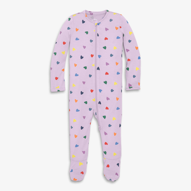 Baby stretch modal zip footie in rainbow hearts in hydrangea-rainbow-confetti-hearts