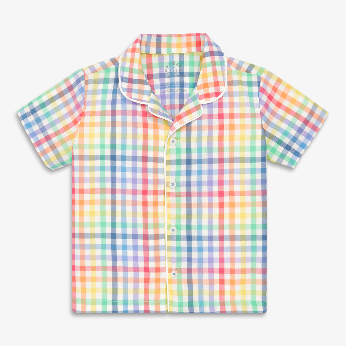 Clearance kids short sleeve PJ top in rainbow plaid in ivory-rainbow-plaid