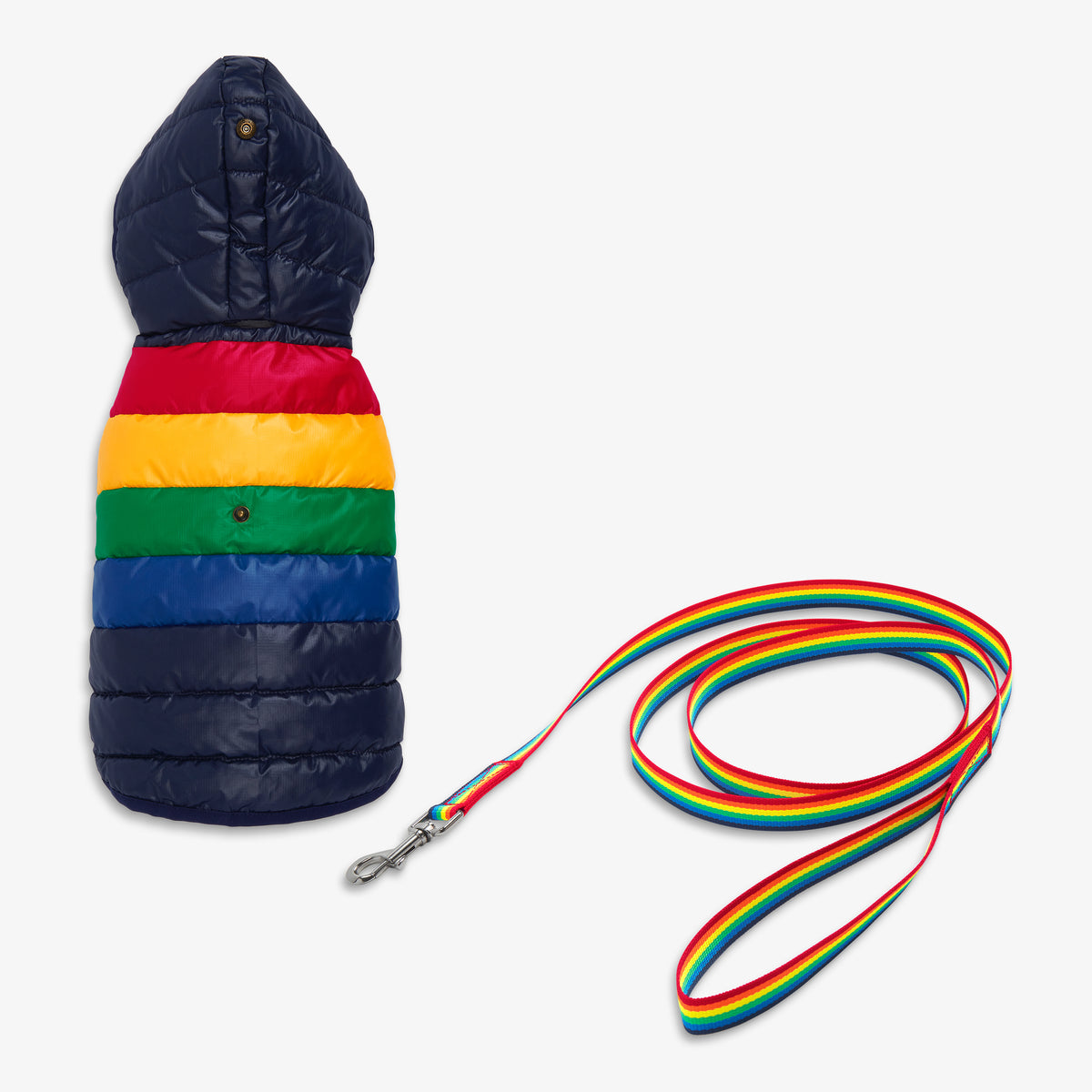 Clearance pet rainbow puffer & leash set in navy-bold-rainbow