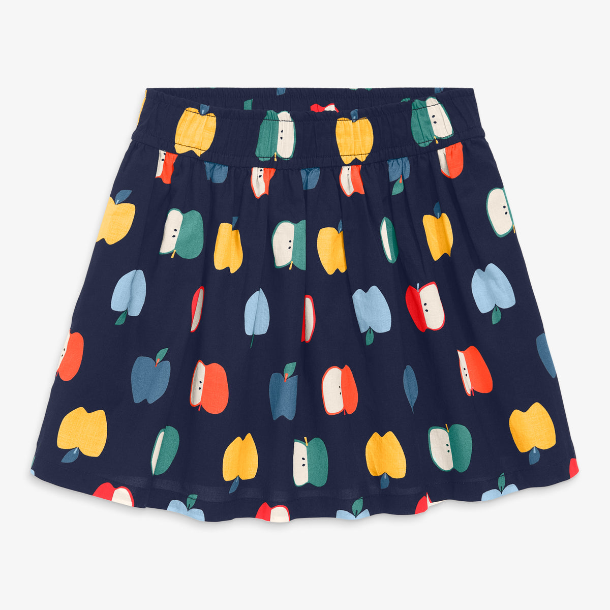 Clearance kids pull-on pocket skirt in rainbow apples in navy-rainbow-apples