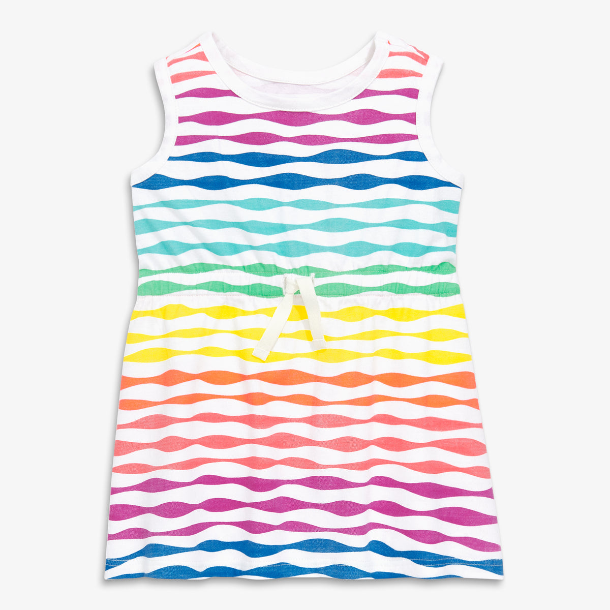 Clearance baby drawstring dress in rainbow waves in white-rainbow-summer-wave