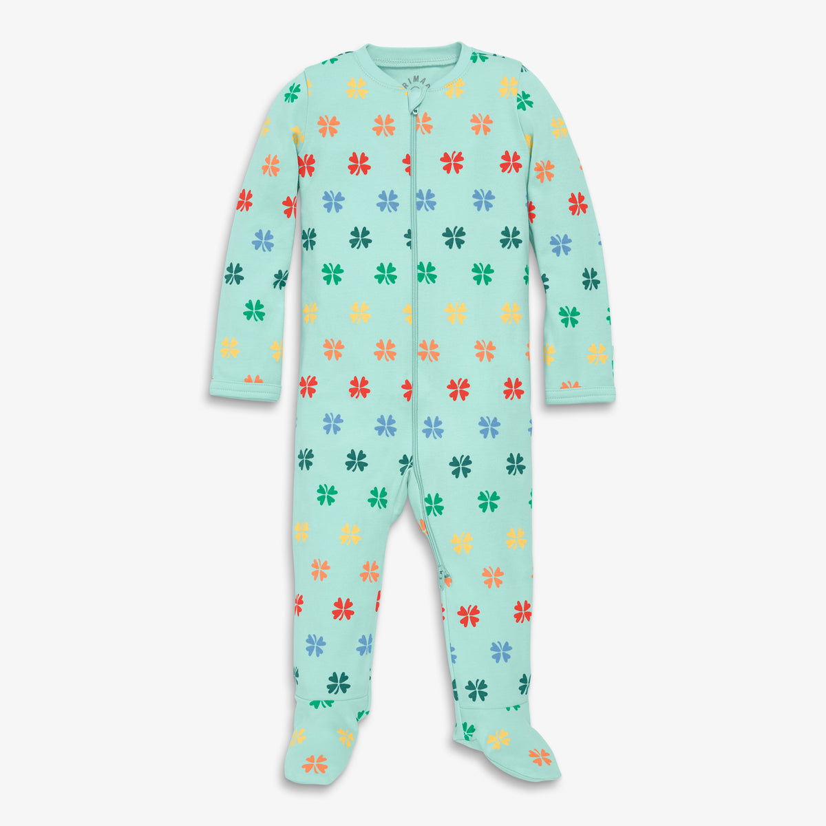 Clearance Baby organic zip footie in rainbow clovers in mint-rainbow-clovers