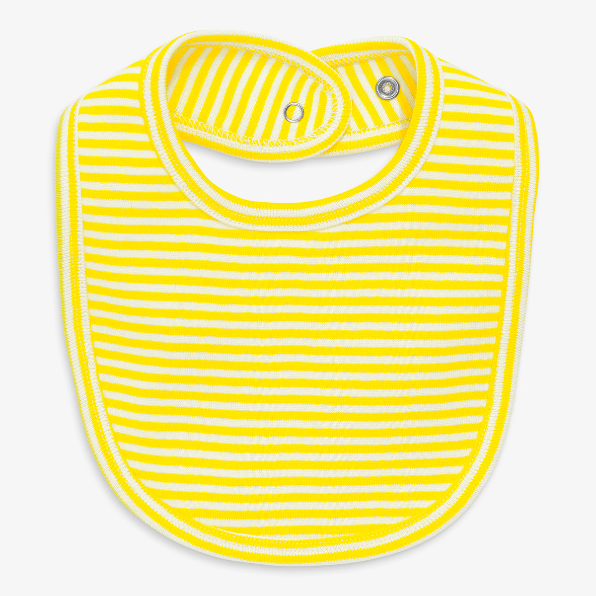 Clearance baby organic snap bib in mini stripe in sunshine-ivory-stripe