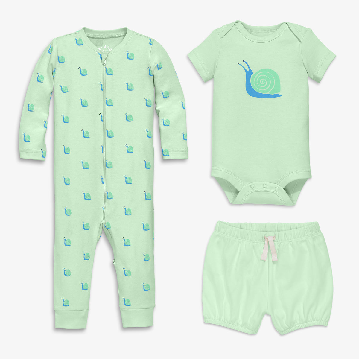 Baby organic snail playsuit bundle