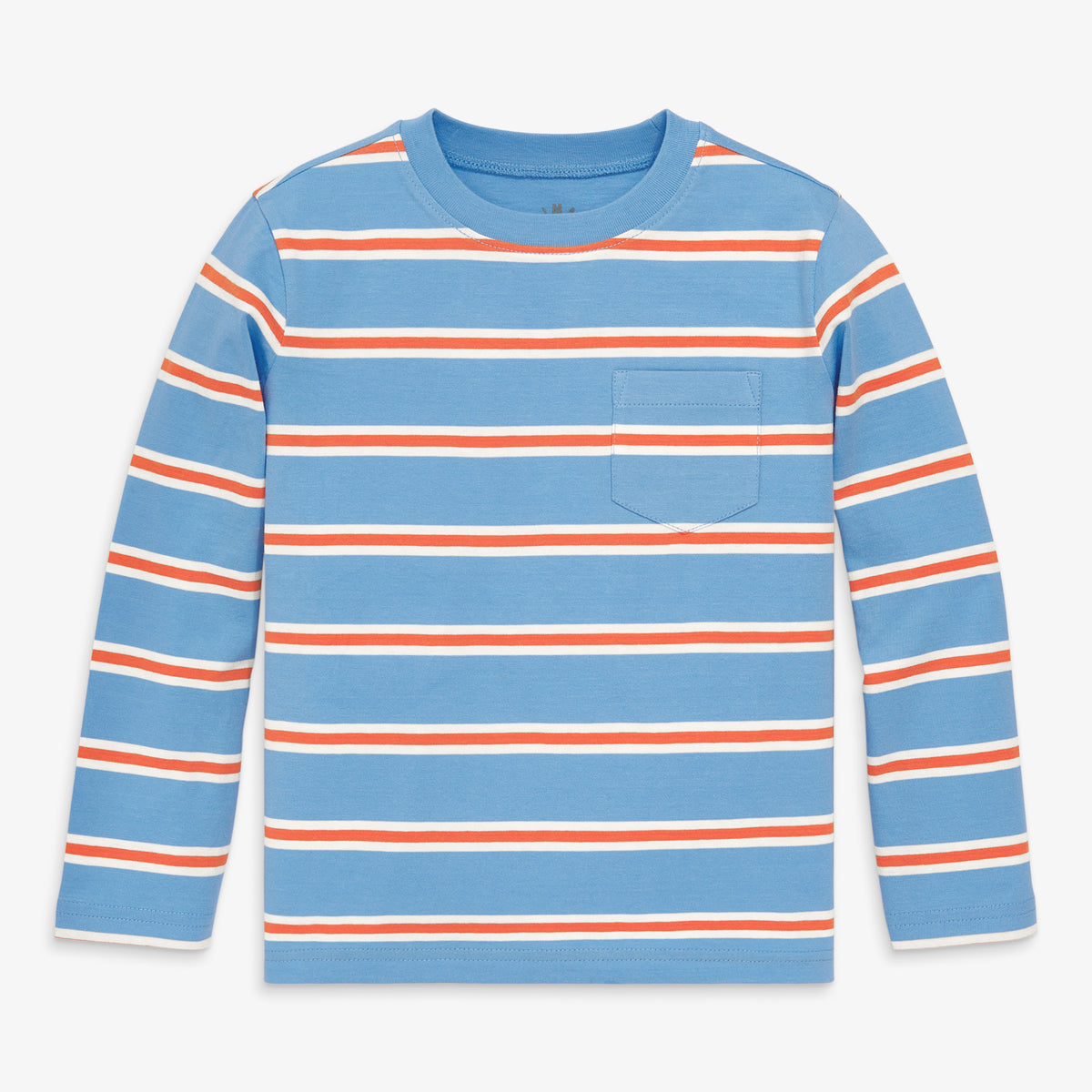 Kids long sleeve pocket tee in varsity stripe in cornflower-clementine-stripe