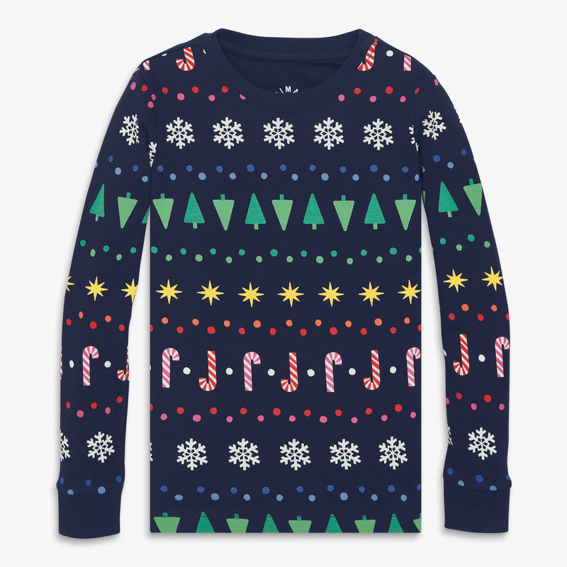 Kids organic PJ top in rainbow fair isle in navy-candy-cane-fair-isle