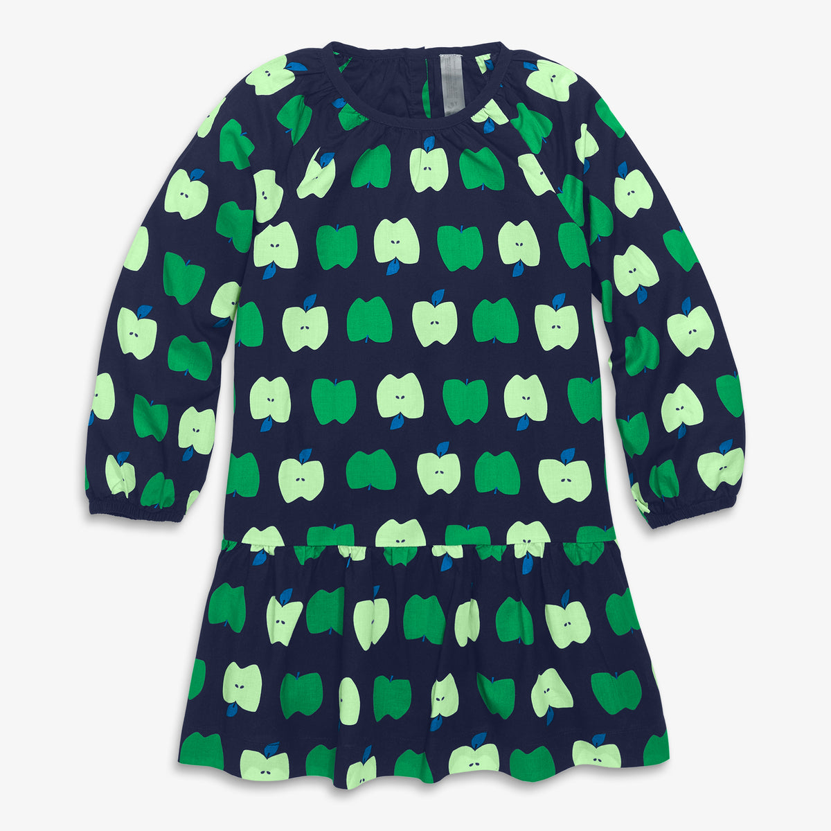 Clearance kids long sleeve swing dress in apple orchard in navy-green-apples