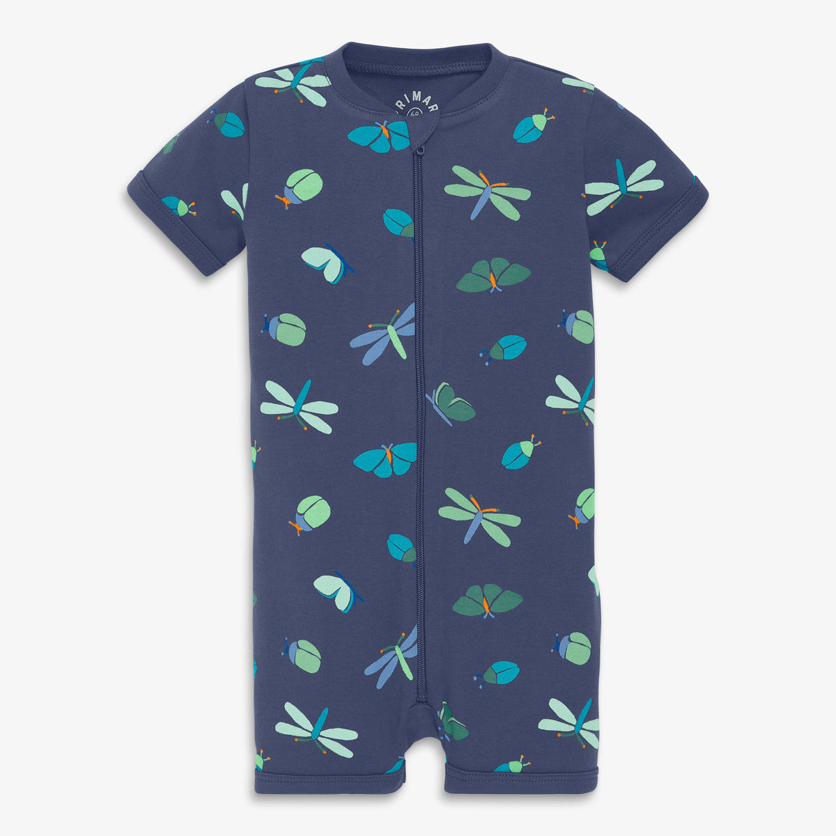 Clearance baby organic zip shortie in garden critters in sunwashed-navy-critters
