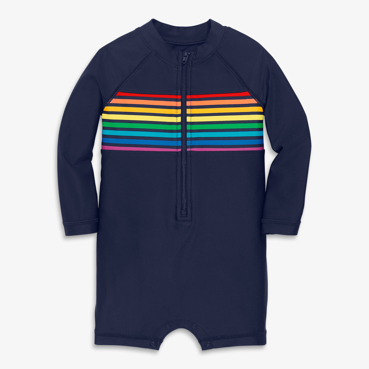 Clearance baby one-piece rash guard in rainbow placed stripe in navy-placed-rainbow