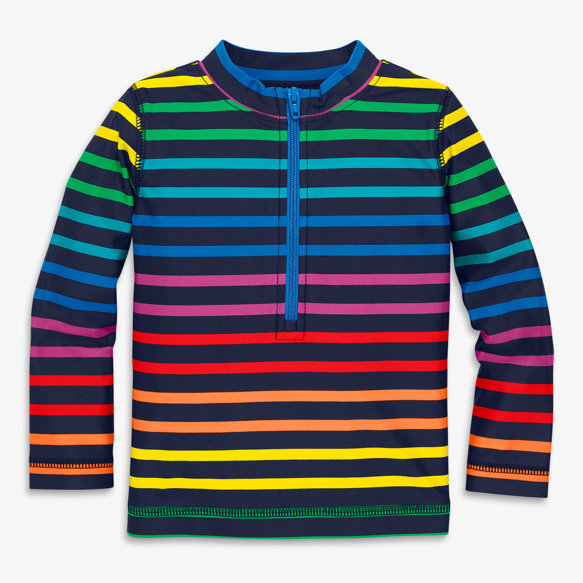 Clearance baby rash guard in double rainbow stripe in navy-bright-rainbow-stripe