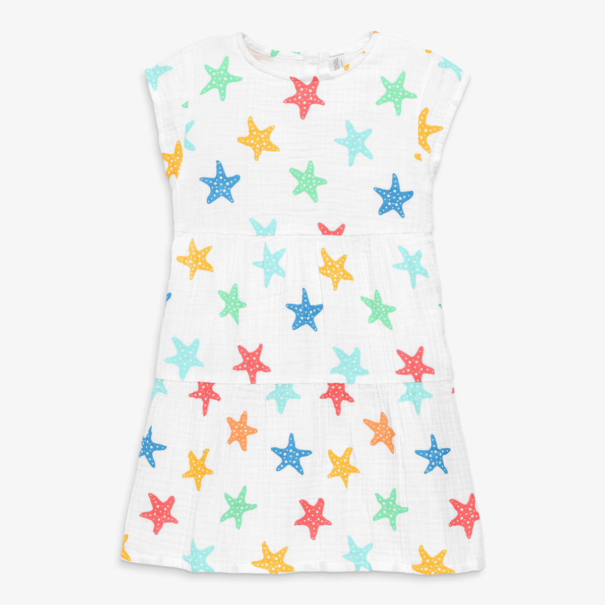 Clearance kids cotton gauze tiered dress in rainbow starfish in white-rainbow-starfish
