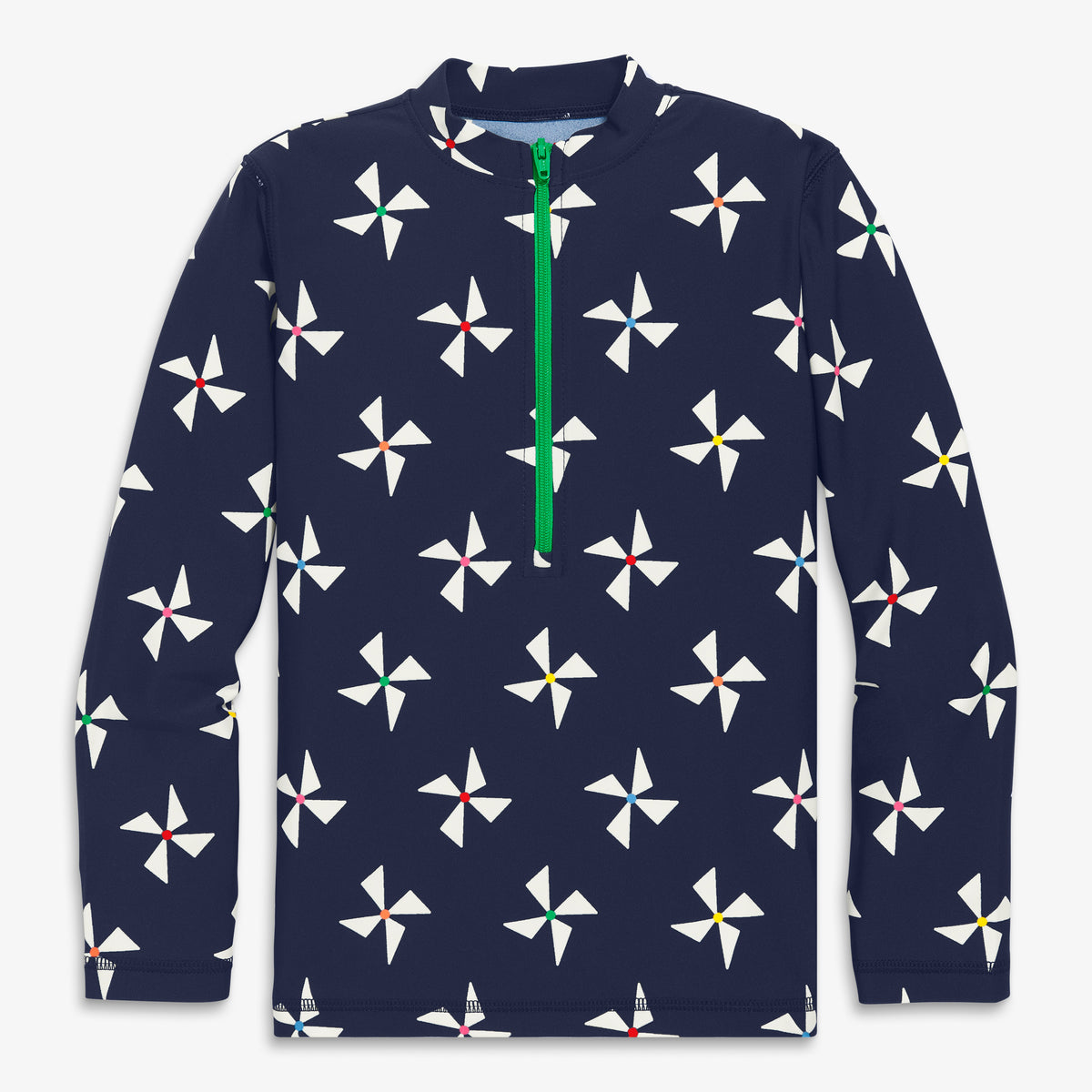 Clearance kids long sleeve half-zip rash guard in rainbow pinwheels in navy-ivory-pinwheels