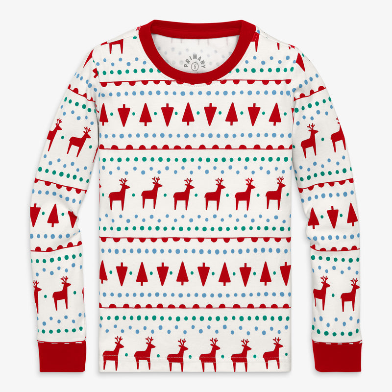Kids organic PJ top in reindeer fair isle in ivory-reindeer-fair-isle