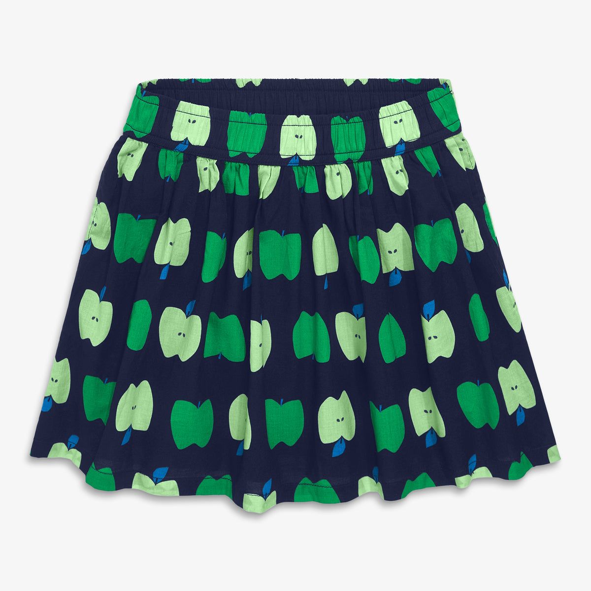 Clearance kids pull-on pocket skirt in apple orchard in navy-green-apples