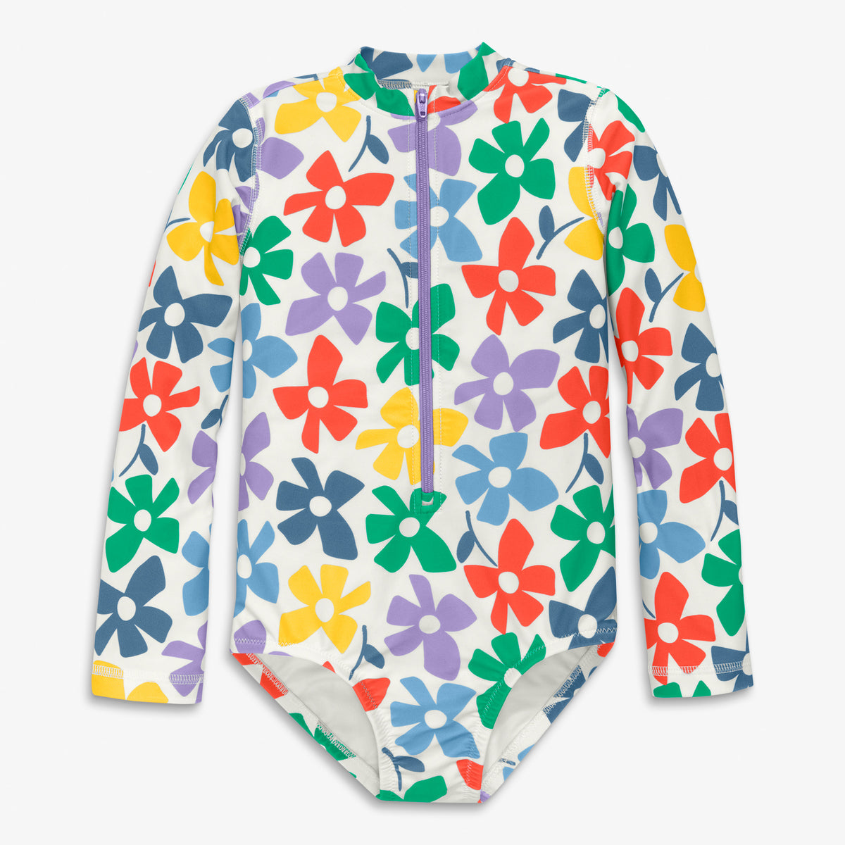 Clearance kids long sleeve one-piece rash guard rainbow blooms in multi-spring-blooms