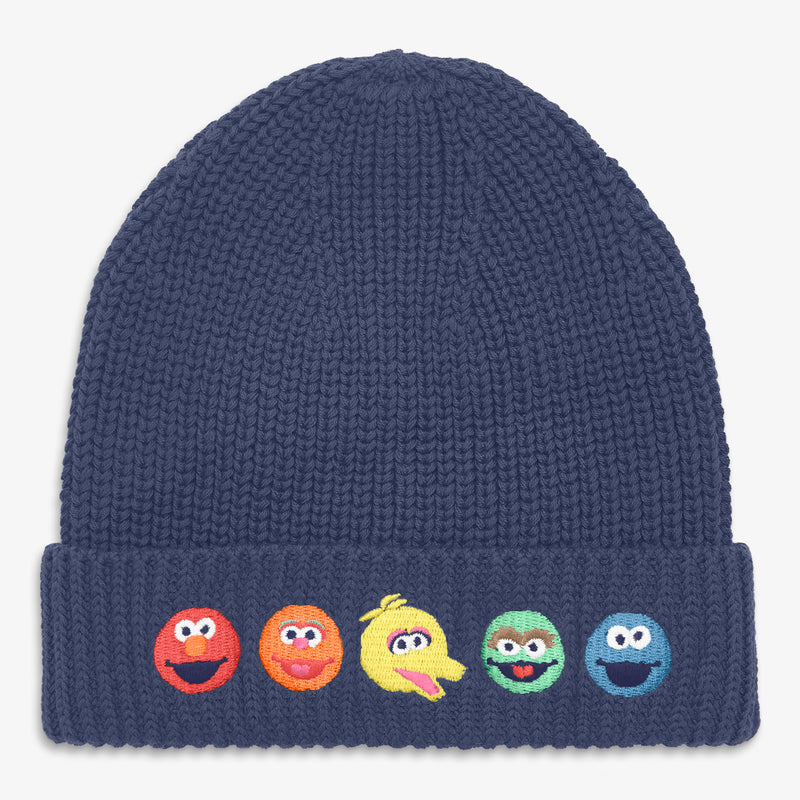 Kids Sesame Street friends cotton beanie in sunwashed-navy-friends-line