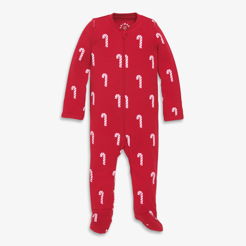Baby organic zip footie in candy canes in cherry-candy-canes
