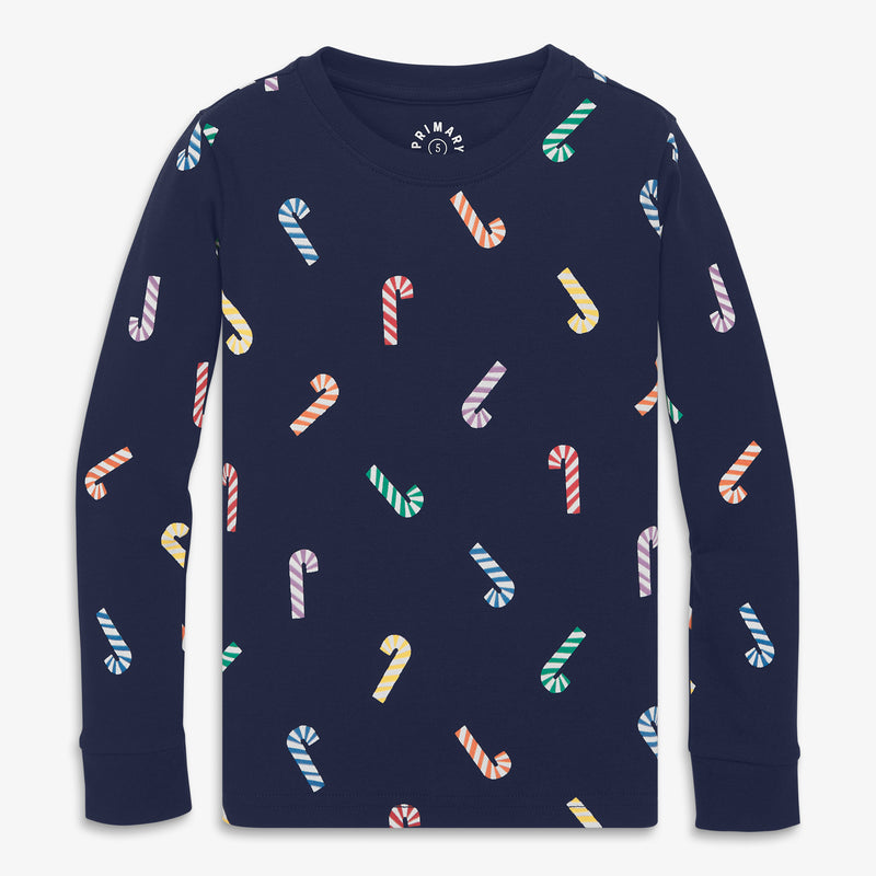 Kids organic PJ top in rainbow candy canes in navy-rainbow-candy-canes