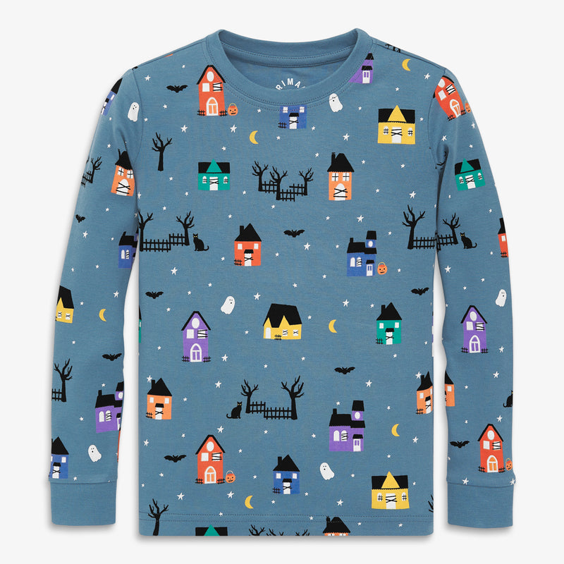 Kids organic long sleeve PJ top in spooky village in moonlight-spooky-village