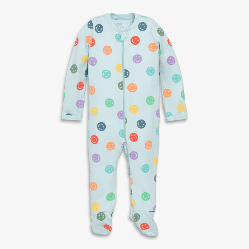 Baby organic zip footie in happy faces in saltwater-happy-faces