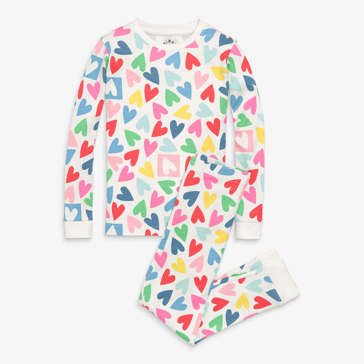 Clearance kids organic long sleeve PJ set in rainbow candy hearts in ivory-rainbow-candy-hearts
