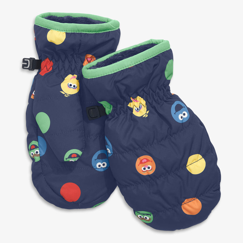 Kids Sesame Street friends puffer mittens in sunwashed-navy-rainbow-friends
