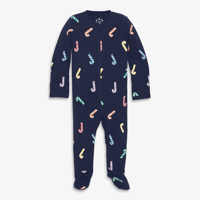 Baby organic zip footie in rainbow candy canes in navy-rainbow-candy-canes