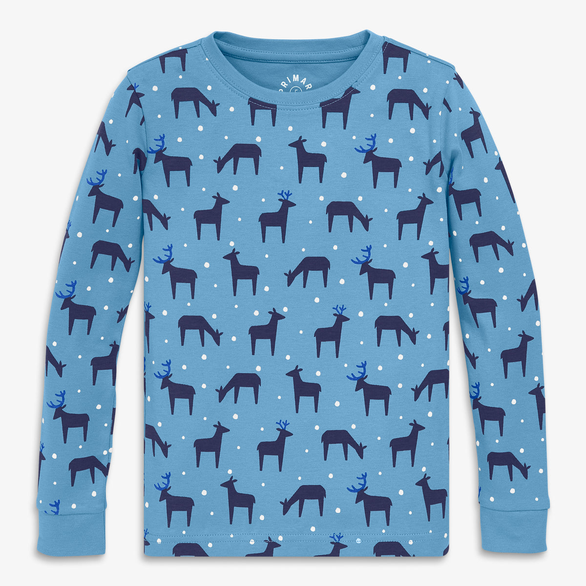 Clearance kids organic long sleeve PJ top in snowy reindeer in cornflower-reindeer