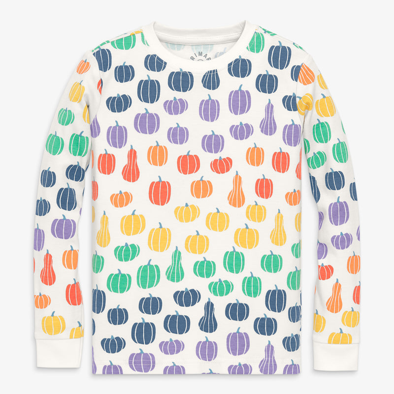 Kids organic long sleeve PJ top in rainbow pumpkins in ivory-rainbow-pumpkin-patch