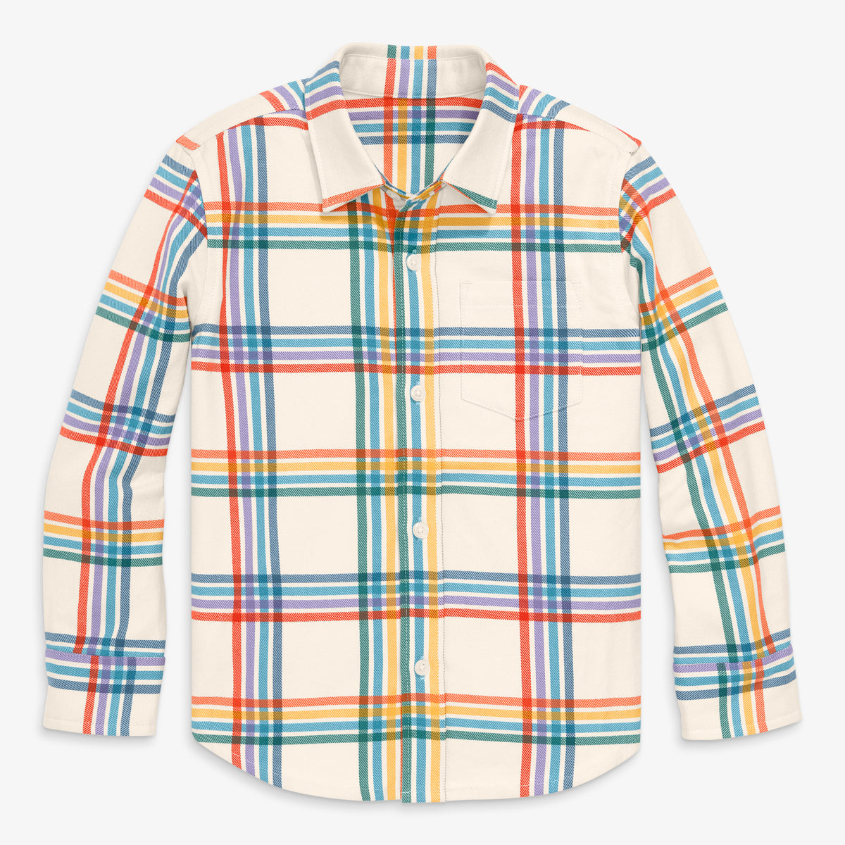 Kids long sleeve flannel button down in rainbow plaid in marshmallow-rainbow-plaid