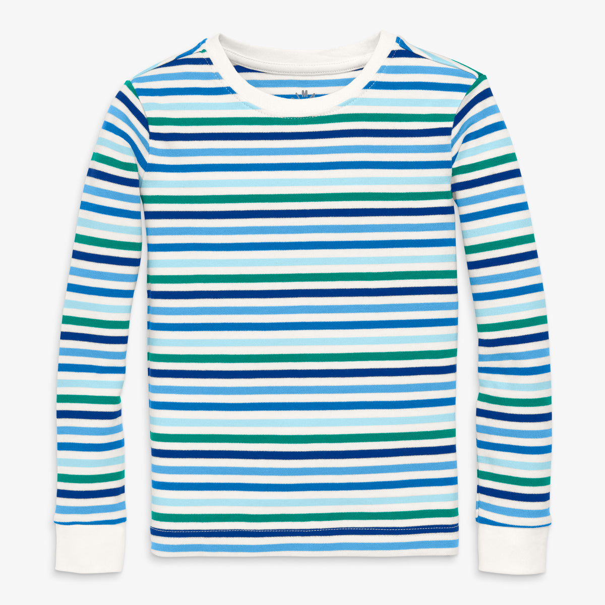 Clearance kids organic long sleeve PJ top in cool stripes in blueberry-multi-winter-stripe