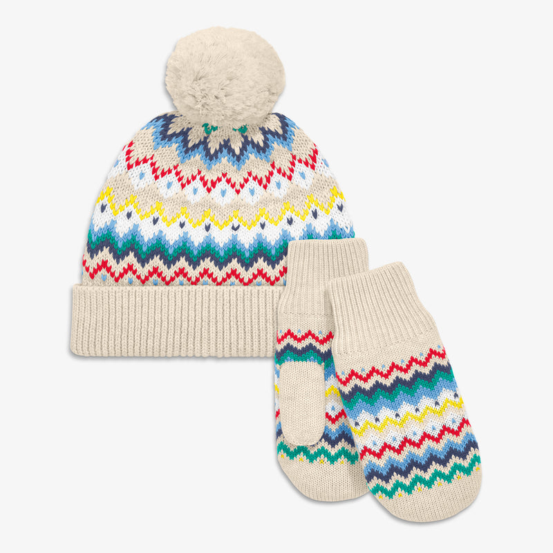 Kids knit beanie & mittens set in rainbow fair isle