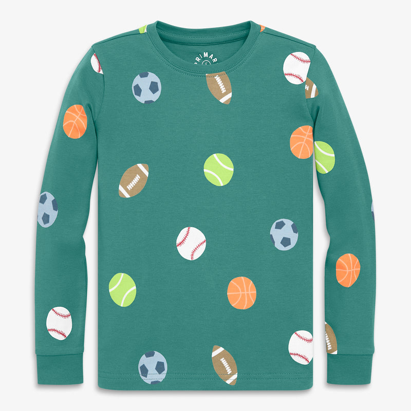 Kids organic long sleeve PJ top in dream team in sunwashed-teal-sports