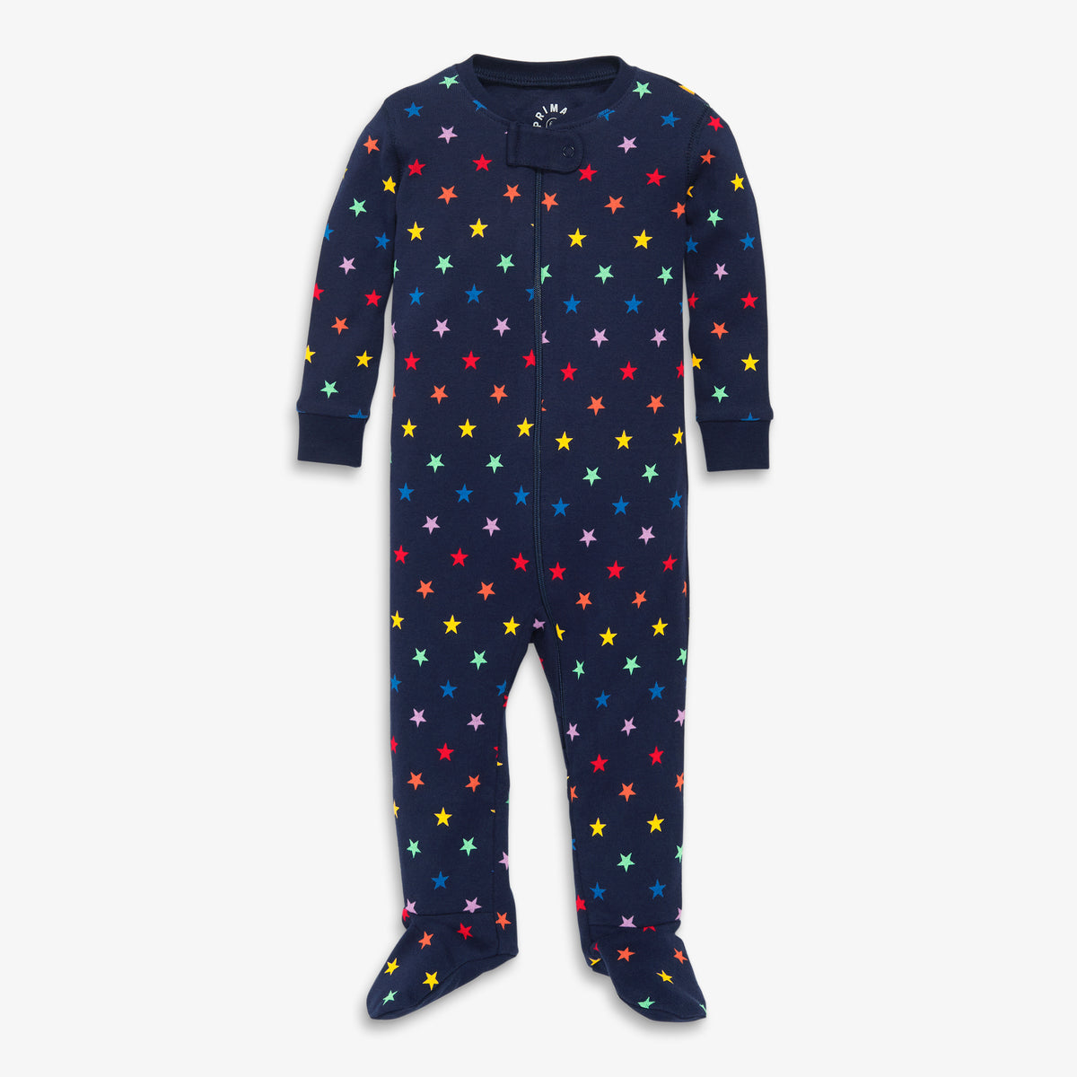 Clearance baby organic zip footie in mini rainbow stars in navy-rainbow-mini-star