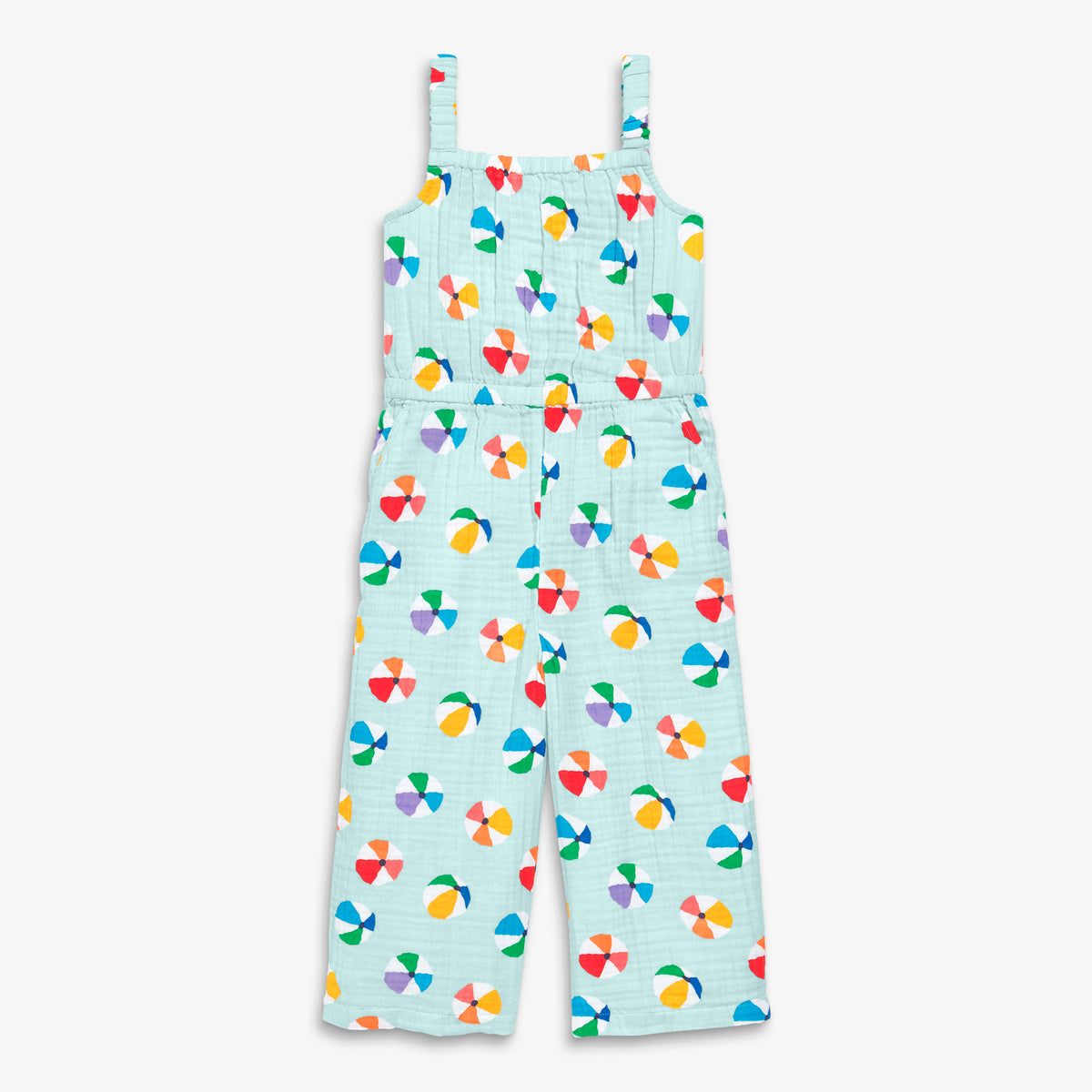 Clearance kids cotton gauze tank jumpsuit in rainbow beach balls in sea-glass-beach-ball