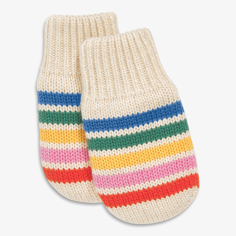 Baby knit mittens in rainbow stripe in heather-sand-rainbow-stripe