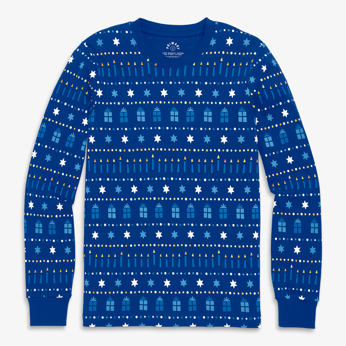 Clearance unisex fit organic long sleeve pj top in festive lights in blue-jay-hannukah-fair-isle