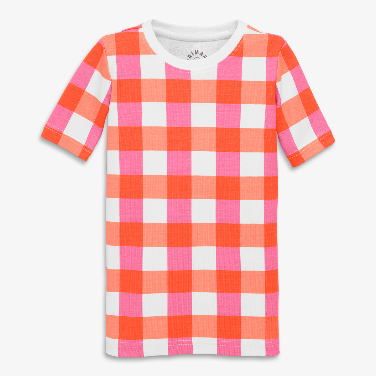 Clearance kids organic short sleeve pj top in gingham in clementine-gumball-check