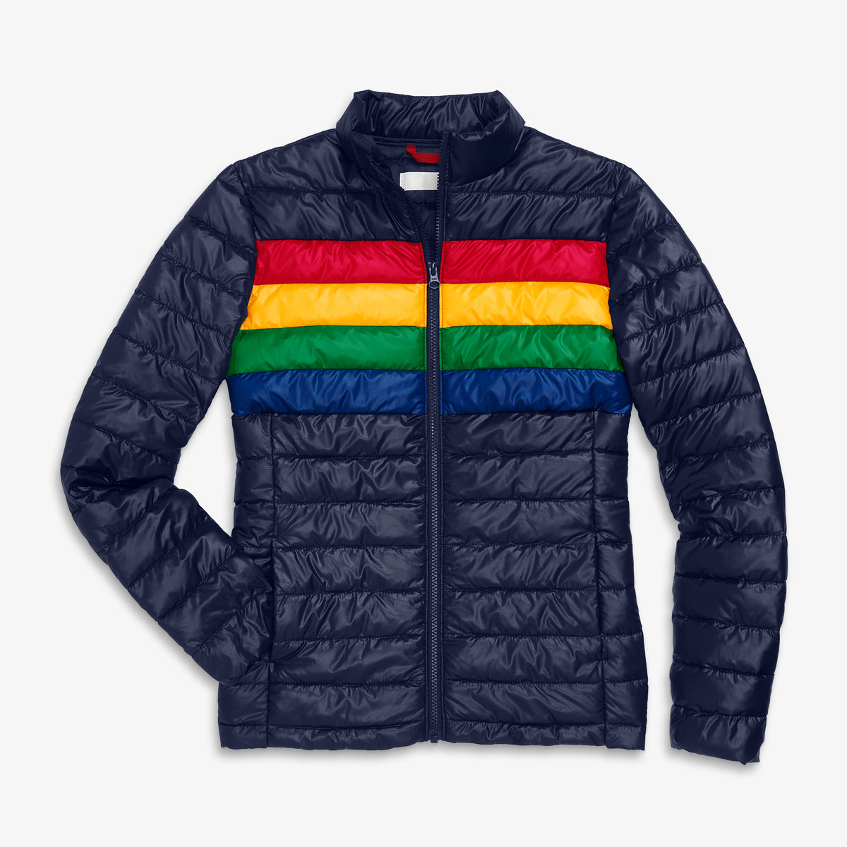 Women's fit lightweight puffer jacket in stripe in navy-bold-rainbow