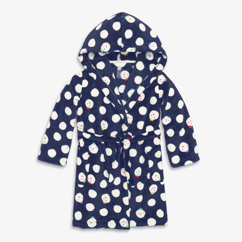 Kids plush fleece robe in snow day in navy-snowmen