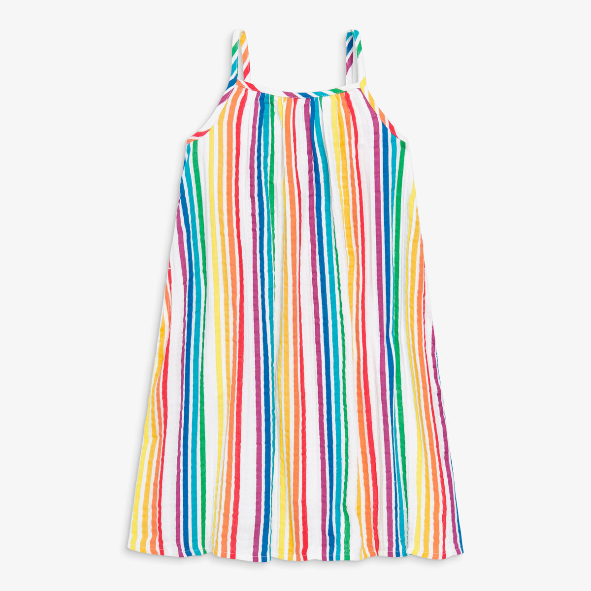 Clearance kids cotton gauze tank dress in mini rainbow stripe in ivory-bright-rainbow-stripe