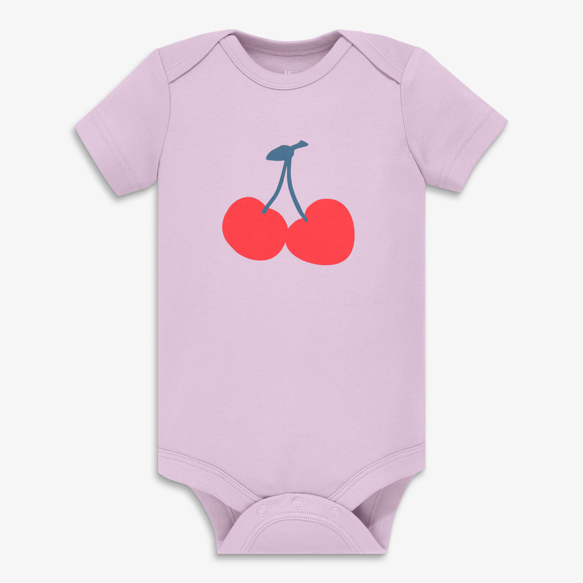 Organic short sleeve cherry babysuit in hydrangea-cherry-bunch