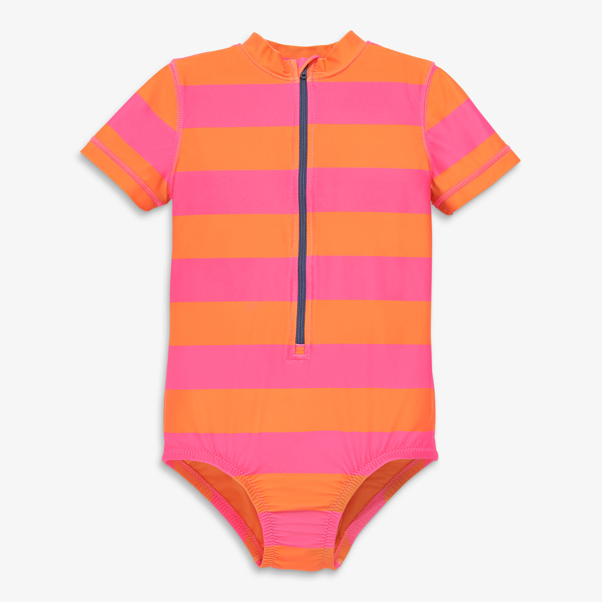 Clearance kids short sleeve one-piece rash guard in rugby stripe in cantaloupe-bubblegum-stripe